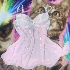 Y2K babydoll lingerie top!! perfect pink and green accents with lace details!!
